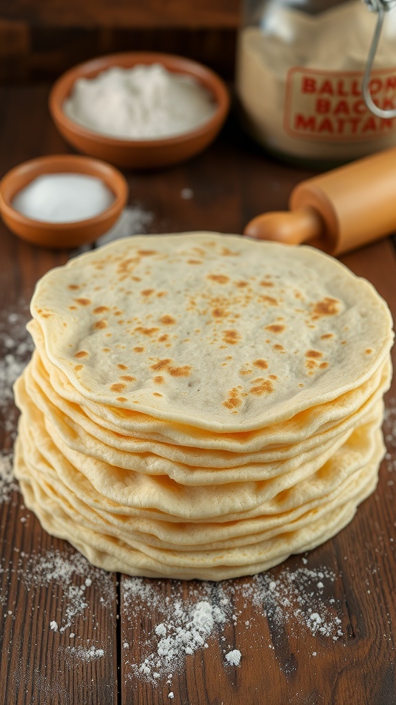A stack of warm homemade tortillas on a wooden table, surrounded by flour and a rolling pin.